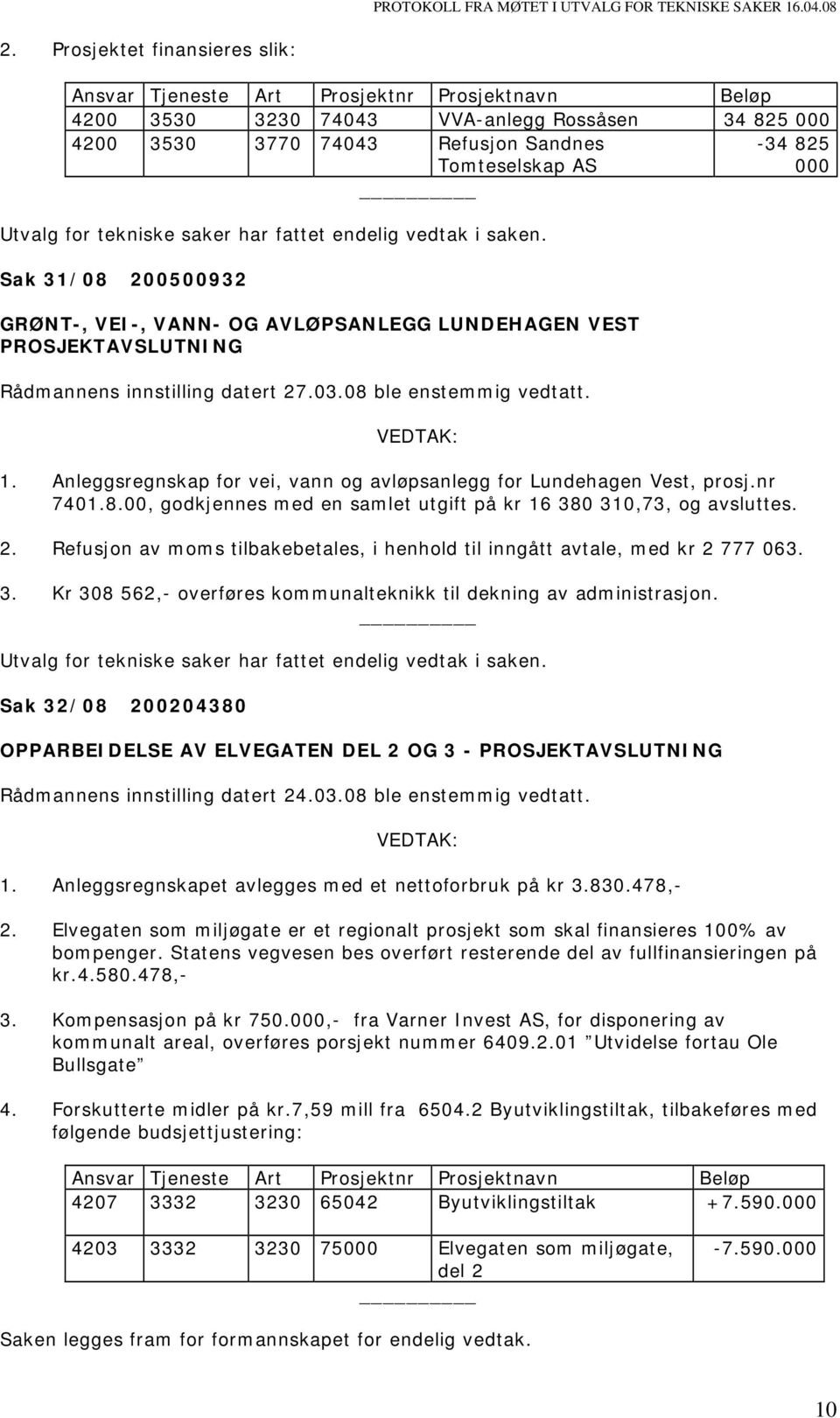 Anleggsregnskap for vei, vann og avløpsanlegg for Lundehagen Vest, prosj.nr 7401.8.00, godkjennes med en samlet utgift på kr 16 380 310,73, og avsluttes. 2.