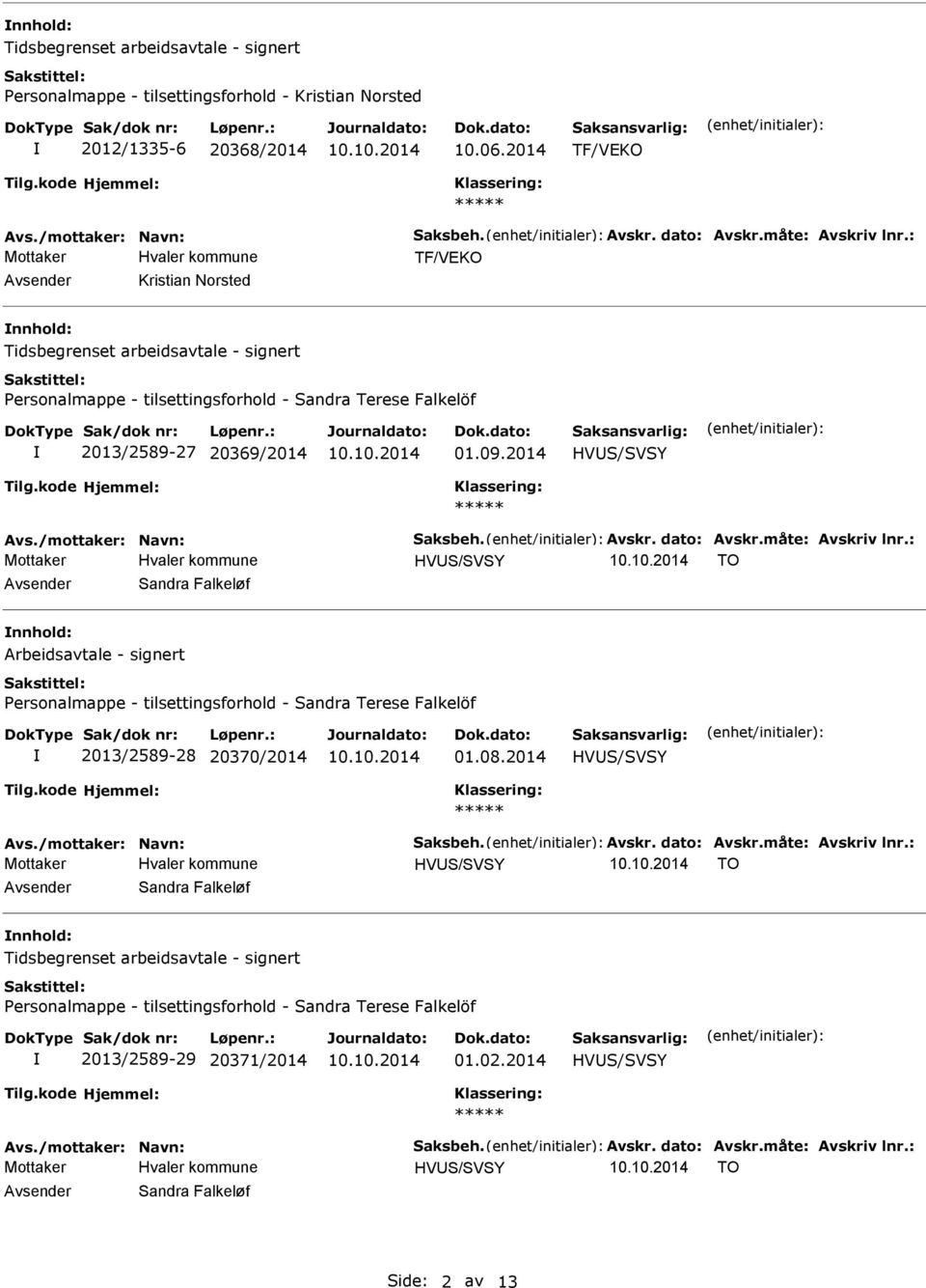 2014 HVUS/SVSY HVUS/SVSY TO Avsender Sandra Falkeløf nnhold: Arbeidsavtale - signert ersonalmappe - tilsettingsforhold - Sandra Terese Falkelöf 2013/2589-28 20370/2014 01.08.