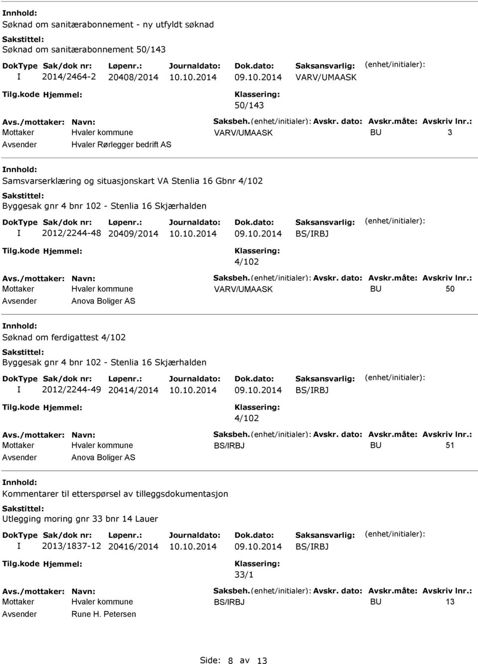 Avsender Anova Boliger AS nnhold: Søknad om ferdigattest 4/102 Byggesak gnr 4 bnr 102 - Stenlia 16 Skjærhalden 2012/2244-49 20414/2014 BS/RBJ 4/102 BS/RBJ BU 51 Avsender Anova