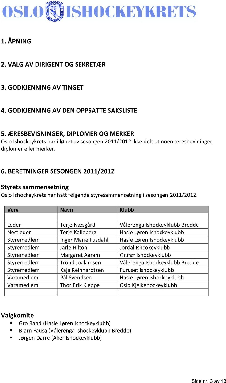 BERETNINGER SESONGEN 2011/2012 Styrets sammensetning Oslo Ishockeykrets har hatt følgende styresammensetning i sesongen 2011/2012.