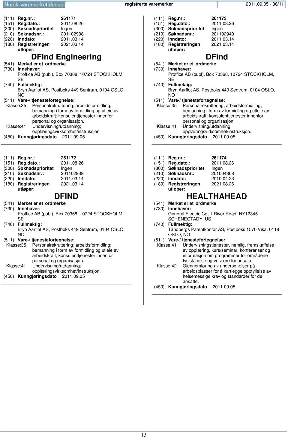 14 DFind Engineering Proffice AB (publ), Box 70368, 10724 STOCKHOLM, SE Bryn Aarflot AS, Postboks 449 Sentrum, 0104 OSLO, Klasse:35 Klasse:41 Personalrekruttering; arbeidsformidling; bemanning i form