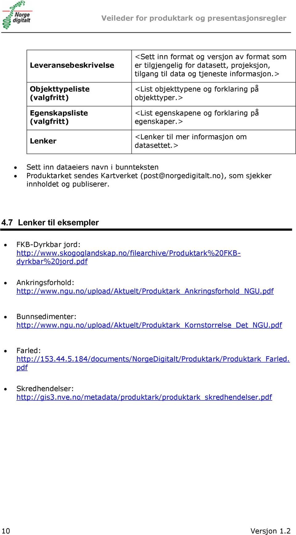 > Sett inn dataeiers navn i bunnteksten Produktarket sendes Kartverket (post@norgedigitalt.no), som sjekker innholdet og publiserer. 4.7 Lenker til eksempler FKB-Dyrkbar jord: http://www.