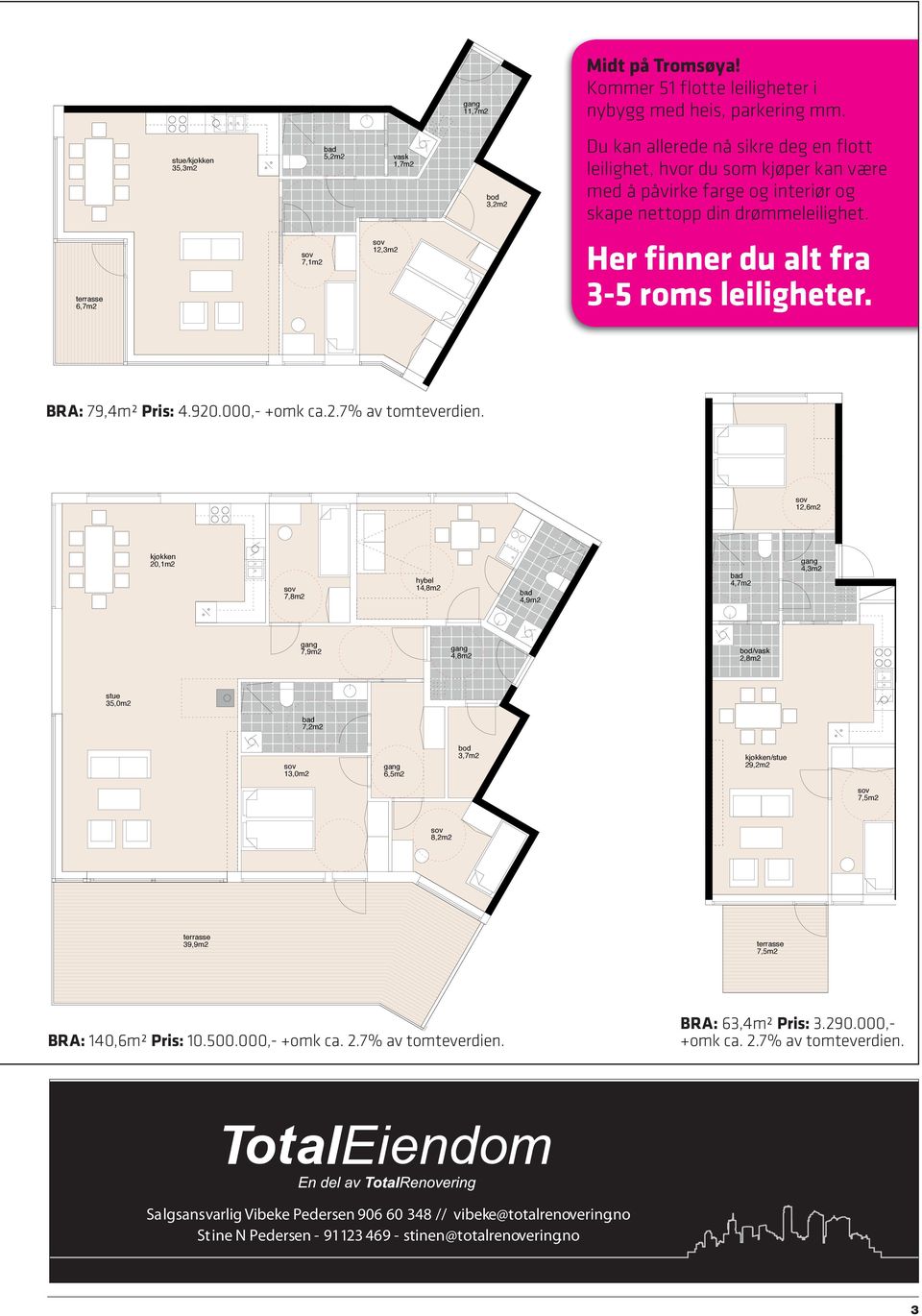 terrasse 6,7m2 7,1m2 12,3m2 Her finner du alt fra 3-5 roms leiligheter. BRA: 79,4m² Pris: 4.920.000,- +omk ca.2.7% av tomteverdien.