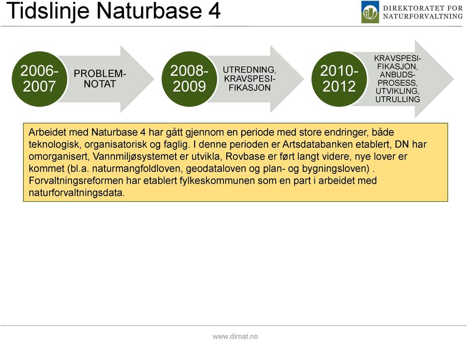 I denne perioden er Artsdatabanken etablert, DN har omorganisert, Vannmiljøsystemet er utvikla, Rovbase er ført langt videre, nye lover er kommet