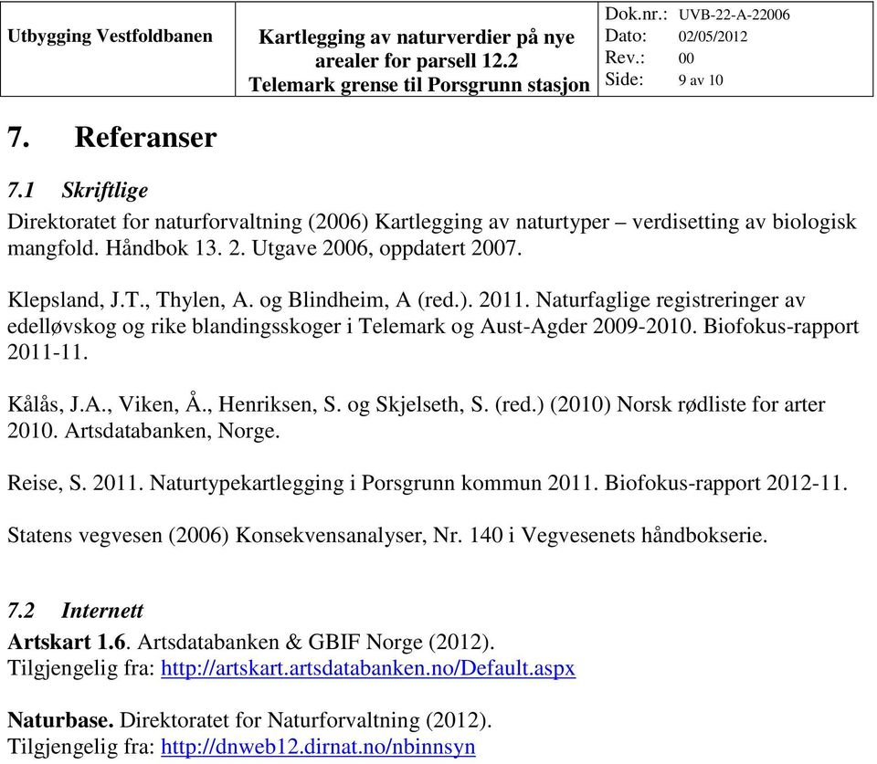 , Henriksen, S. og Skjelseth, S. (red.) (2010) Norsk rødliste for arter 2010. Artsdatabanken, Norge. Reise, S. 2011. Naturtypekartlegging i Porsgrunn kommun 2011. Biofokus-rapport 2012-11.