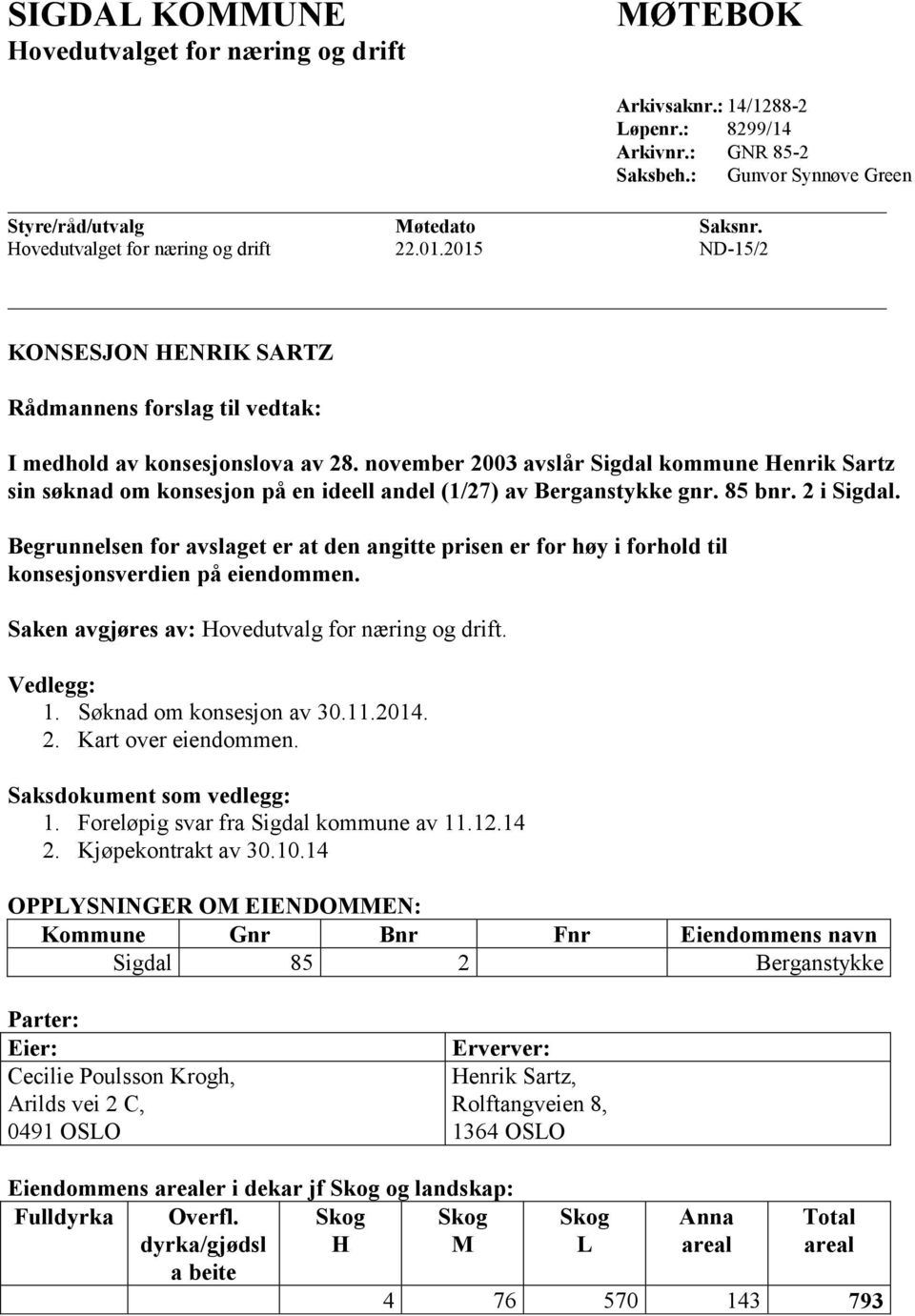 november 2003 avslår Sigdal kommune Henrik Sartz sin søknad om konsesjon på en ideell andel (1/27) av Berganstykke gnr. 85 bnr. 2 i Sigdal.