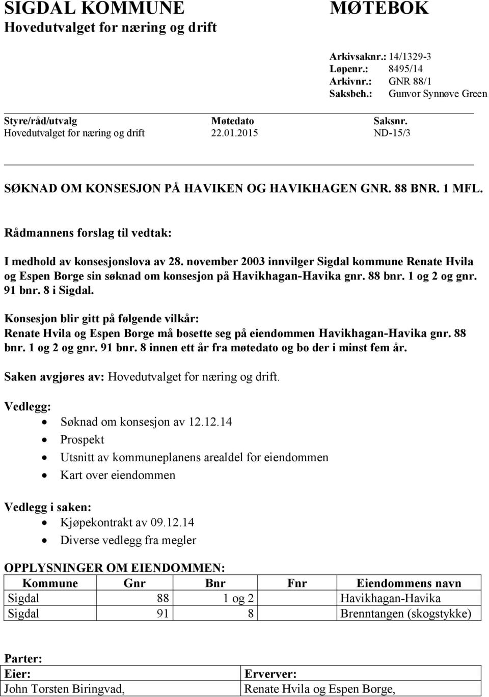 november 2003 innvilger Sigdal kommune Renate Hvila og Espen Borge sin søknad om konsesjon på Havikhagan-Havika gnr. 88 bnr. 1 og 2 og gnr. 91 bnr. 8 i Sigdal.
