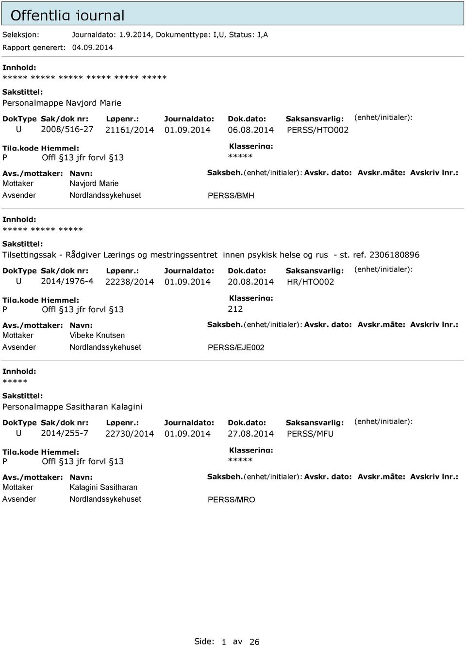 : Mottaker Navjord Marie ERSS/BMH nnhold: Tilsettingssak - Rådgiver Lærings og mestringssentret innen psykisk helse og rus - st. ref. 2306180896 2014/1976-4 22238/2014 20.08.2014 Avs.