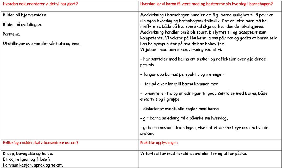 Det enkelte barn må ha innflytelse både på hva som skal skje og hvordan det skal gjøres. Medvirkning handler om å bli spurt, bli lyttet til og akseptert som kompetente.