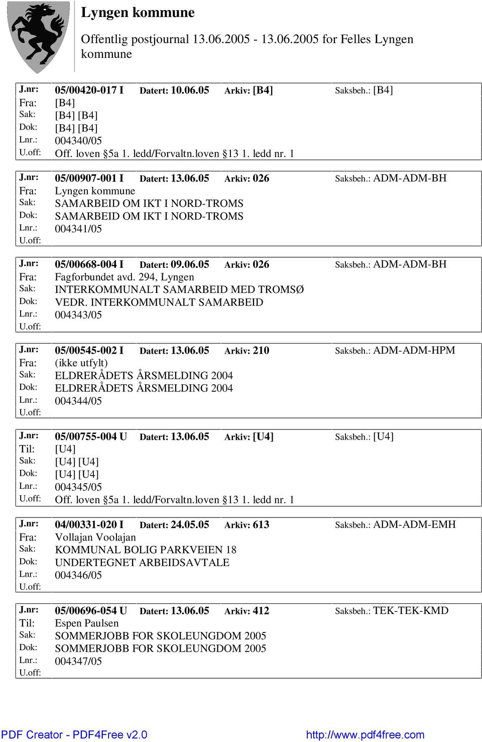 06.05 Arkiv: 026 Saksbeh.: ADM-ADM-BH Fra: Fagforbundet avd. 294, Lyngen Sak: INTERKOMMUNALT SAMARBEID MED TROMSØ Dok: VEDR. INTERKOMMUNALT SAMARBEID Lnr.: 004343/05 J.nr: 05/00545-002 I Datert: 13.