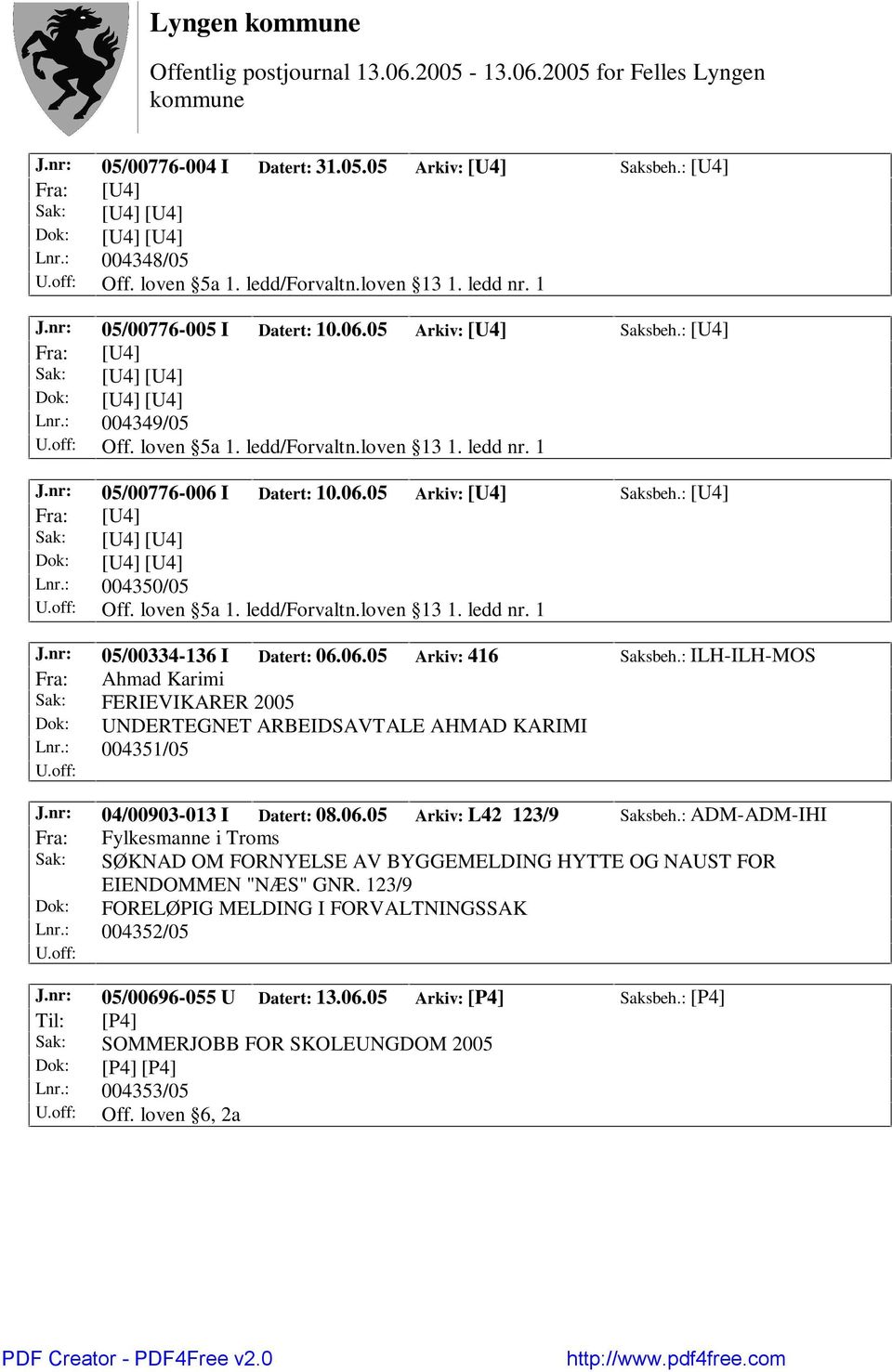 loven 5a 1. ledd/forvaltn.loven 13 1. ledd nr. 1 J.nr: 05/00334-136 I Datert: 06.06.05 Arkiv: 416 Saksbeh.