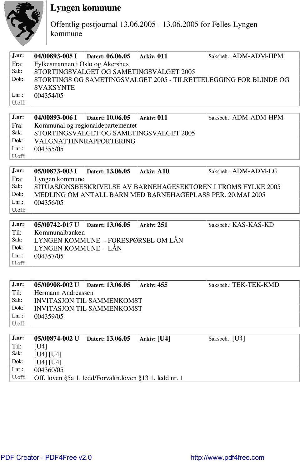 nr: 04/00893-006 I Datert: 10.06.05 Arkiv: 011 Saksbeh.: ADM-ADM-HPM Fra: Kommunal og regionaldepartementet Sak: STORTINGSVALGET OG SAMETINGSVALGET 2005 Dok: VALGNATTINNRAPPORTERING Lnr.: 004355/05 J.