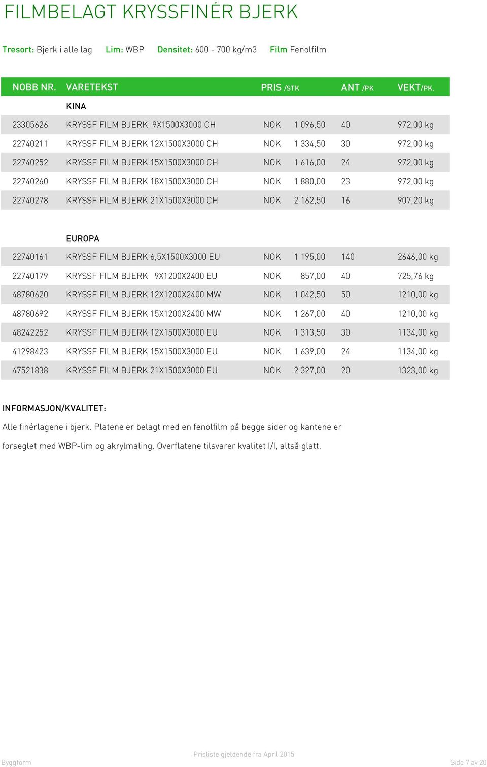 KRYSSF FILM BJERK 21X1500X3000 CH NOK 2 162,50 16 907,20 kg EUROPA 22740161 KRYSSF FILM BJERK 6,5X1500X3000 EU NOK 1 195,00 140 2646,00 kg 22740179 KRYSSF FILM BJERK 9X1200X2400 EU NOK 857,00 40