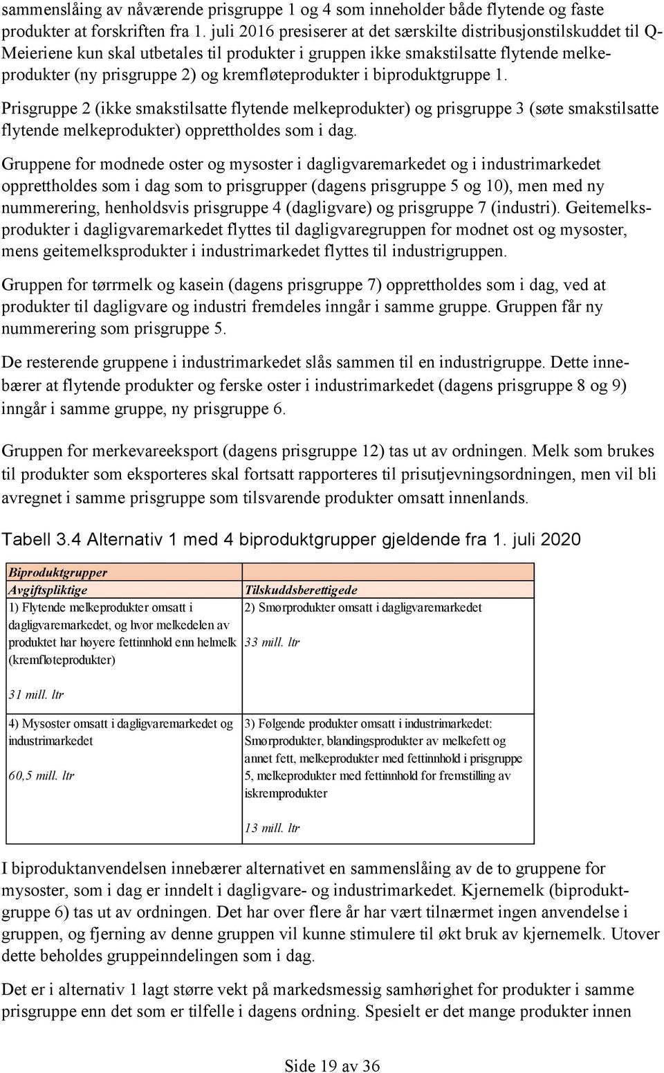 kremfløteprodukter i biproduktgruppe 1. Prisgruppe 2 (ikke smakstilsatte flytende melkeprodukter) og prisgruppe 3 (søte smakstilsatte flytende melkeprodukter) opprettholdes som i dag.