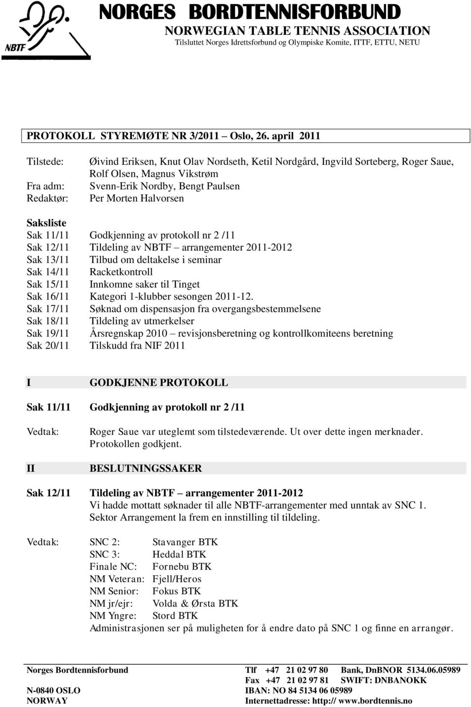 Halvorsen Saksliste Sak 11/11 Godkjenning av protokoll nr 2 /11 Sak 12/11 Tildeling av NBTF arrangementer 2011-2012 Sak 13/11 Tilbud om deltakelse i seminar Sak 14/11 Racketkontroll Sak 15/11