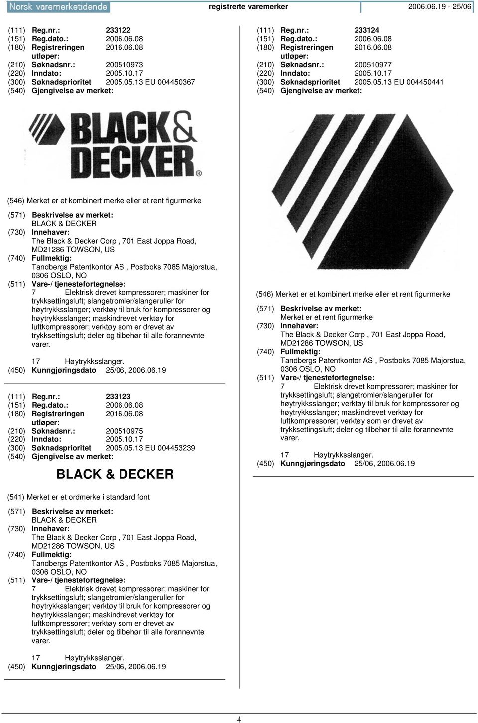 004450441 BLACK & DECKER The Black & Decker Corp, 701 East Joppa Road, MD21286 TOWSON, US Tandbergs Patentkontor AS, Postboks 7085 Majorstua, 0306 OSLO, 7 Elektrisk drevet kompressorer; maskiner for