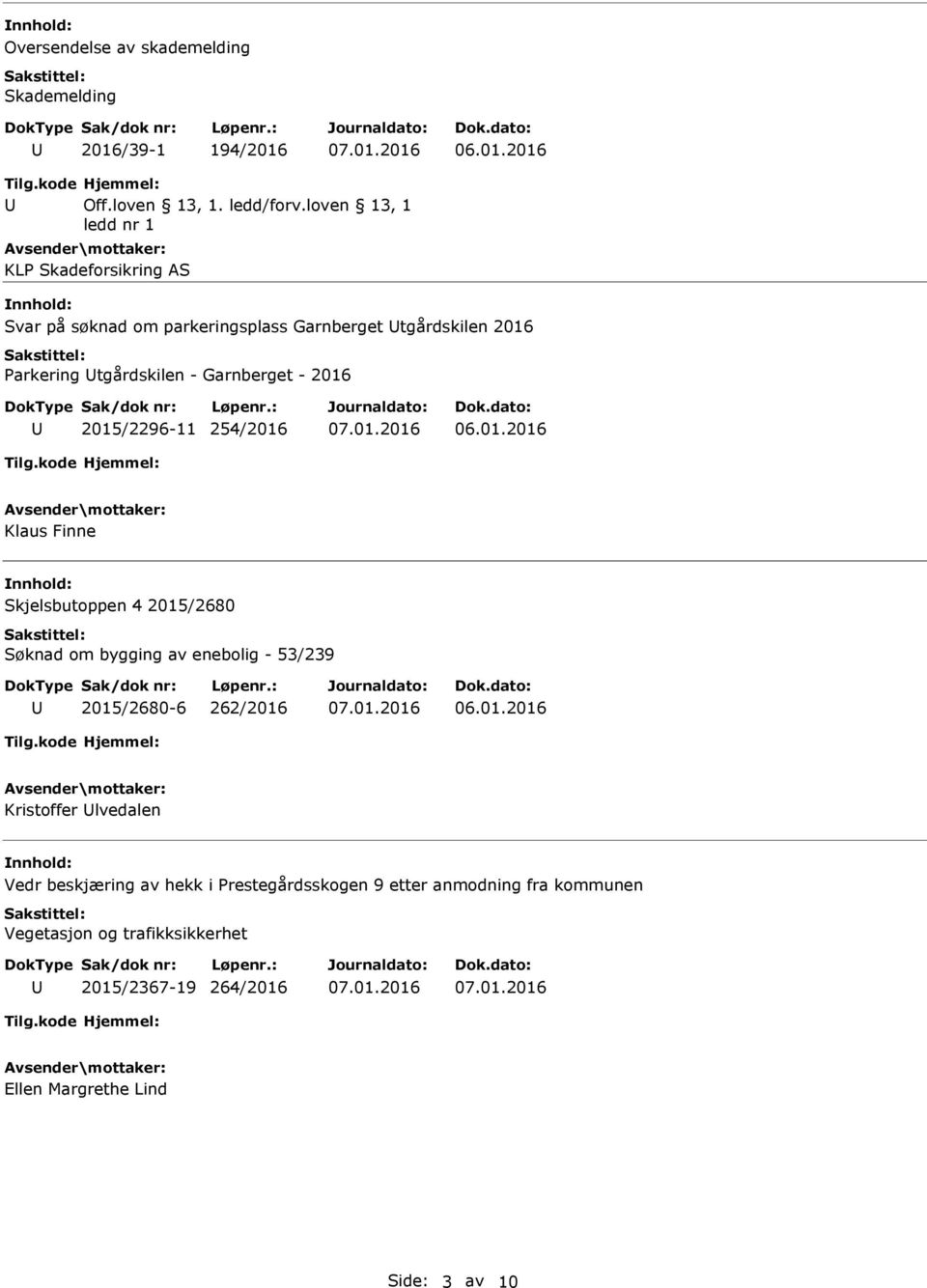 Garnberget - 2016 2015/2296-11 254/2016 Klaus Finne Skjelsbutoppen 4 2015/2680 Søknad om bygging av enebolig - 53/239 2015/2680-6 262/2016