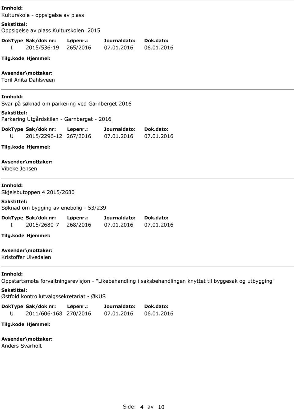 Søknad om bygging av enebolig - 53/239 2015/2680-7 268/2016 Kristoffer lvedalen Oppstartsmøte forvaltningsrevisjon - "Likebehandling i