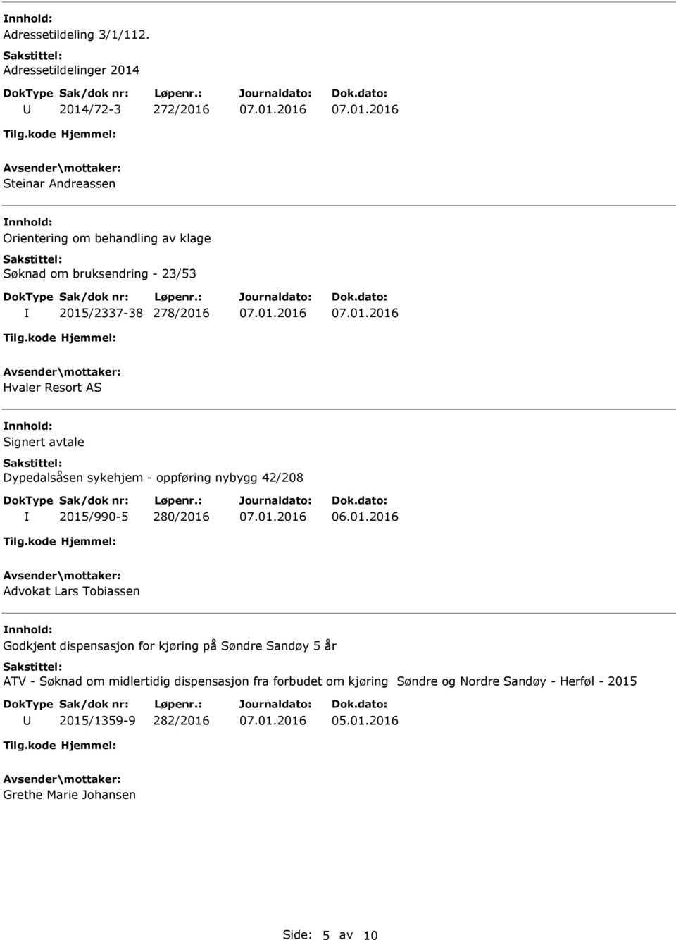 2015/2337-38 278/2016 Hvaler Resort AS Signert avtale Dypedalsåsen sykehjem - oppføring nybygg 42/208 2015/990-5 280/2016 Advokat