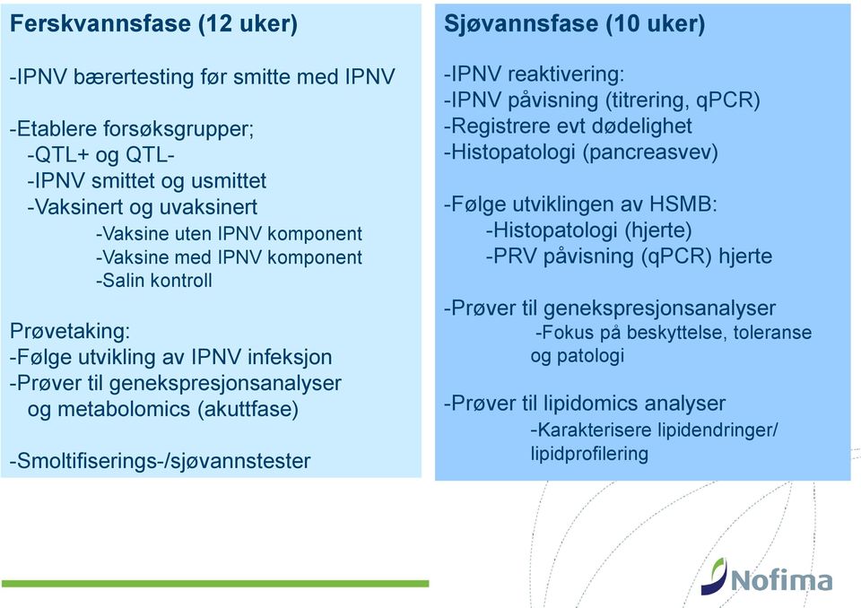 -Smoltifiserings-/sjøvannstester Sjøvannsfase (10 uker) -IPNV reaktivering: -IPNV påvisning (titrering, qpcr) -Registrere evt dødelighet -Histopatologi (pancreasvev) -Følge utviklingen