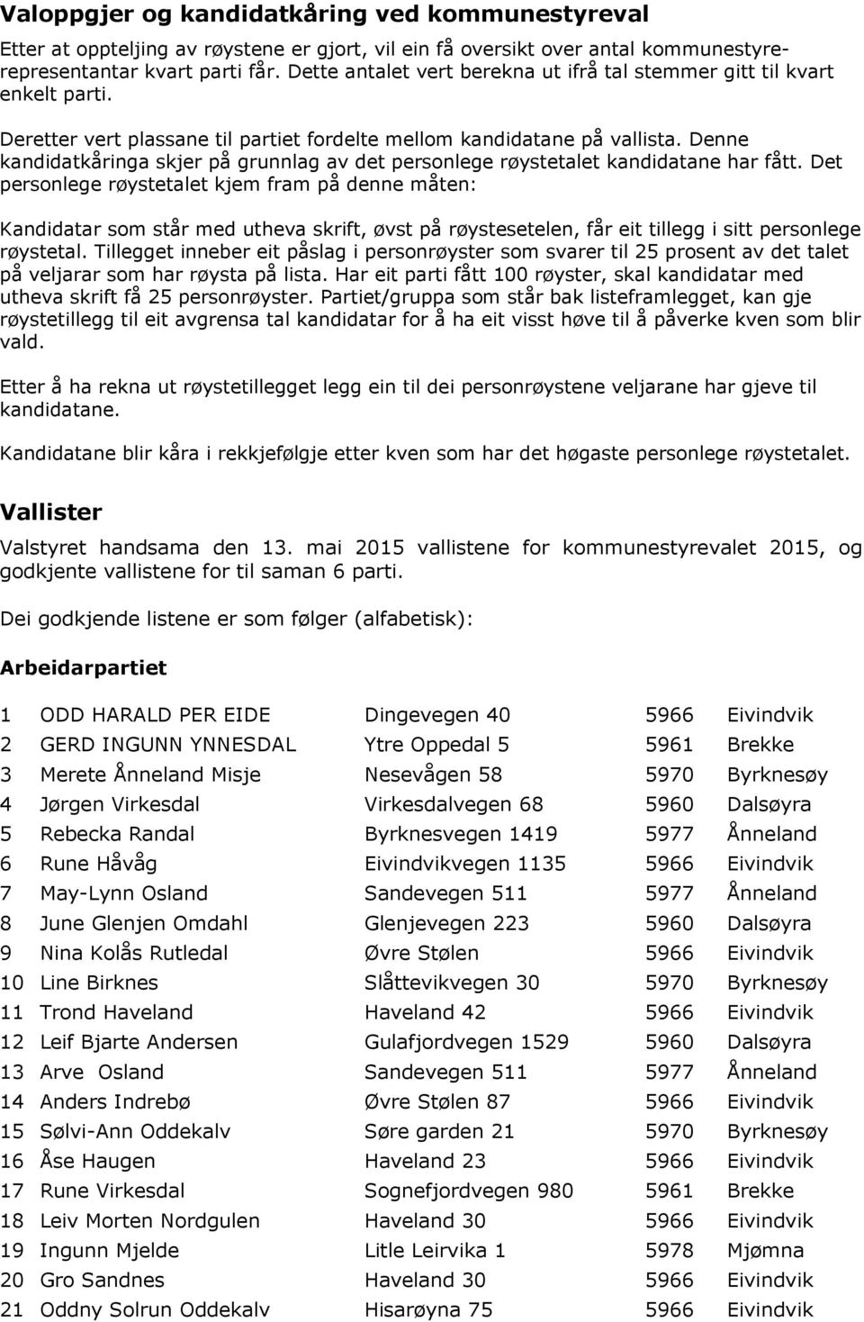 Denne kandidatkåringa skjer på grunnlag av det personlege røystetalet kandidatane har fått.