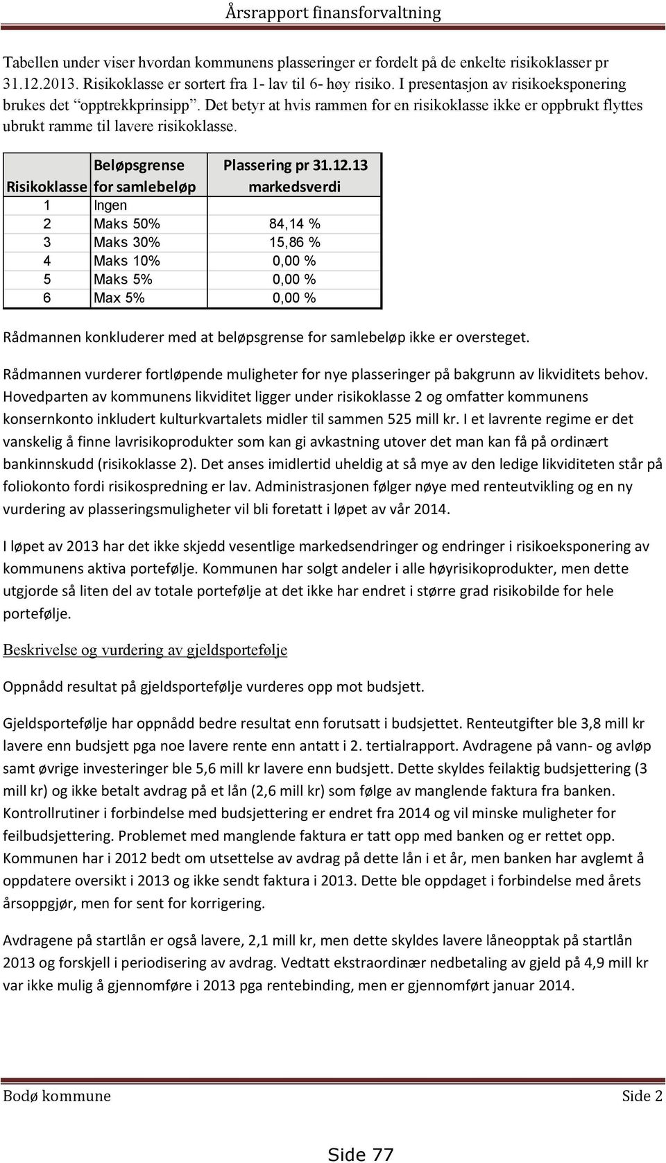 Beløpsgrense Risikoklasse for samlebeløp 1 Ingen 2 Maks 50% 3 Maks 30% 4 Maks 10% 5 Maks 5% 6 Max 5% Plassering pr 31.12.