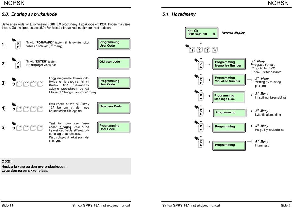 "ENTER" tasten. På displayet vises nå: Old user code st Meny Progr.tel. For tale Progr.tel.for SMS Endre 8 siffer passord? 2 F D E G 3 Legg inn gammel brukerkode Hvis et el.