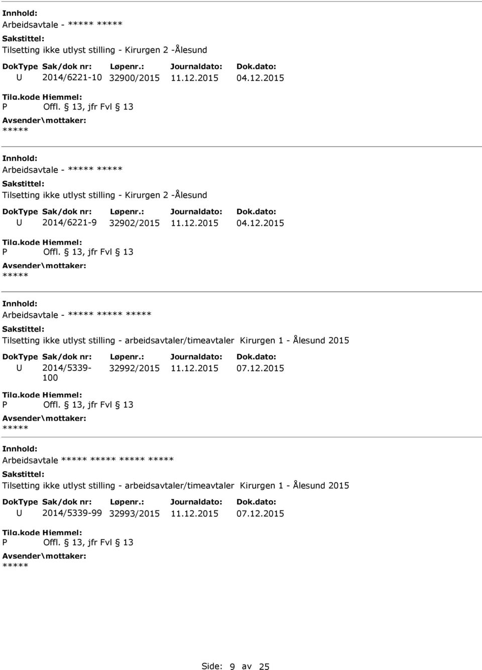 2015 Arbeidsavtale - Tilsetting ikke utlyst stilling - arbeidsavtaler/timeavtaler Kirurgen 1 - Ålesund 2015 2014/5339-100