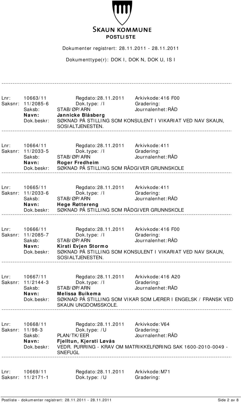 type: /I Gradering: Hege Røttereng SØKNAD PÅ STILLING SOM RÅDGIVER GRUNNSKOLE Lnr: 10666/11 Regdato:28.11.2011 Arkivkode:416 F00 Saksnr: 11/2085-7 Dok.