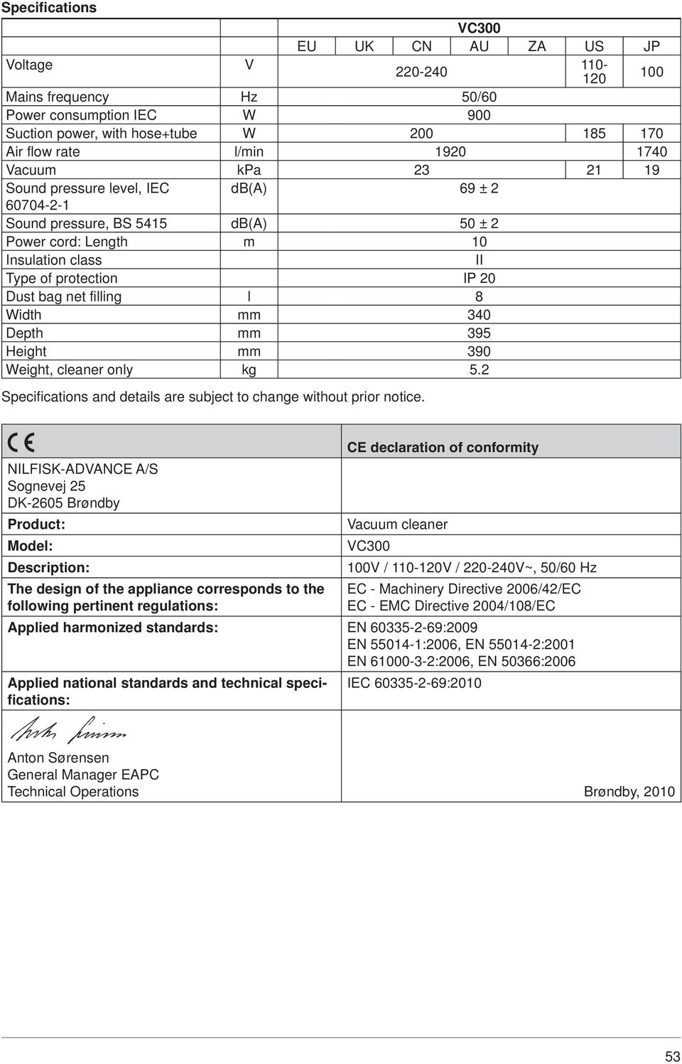 Depth mm 395 Height mm 390 Weight, cleaner only kg 5. Specifications and details are subject to change without prior notice.