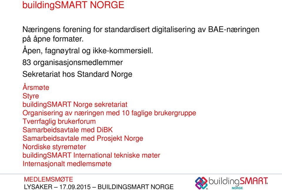 83 organisasjonsmedlemmer Sekretariat hos Standard Norge Årsmøte Styre buildingsmart Norge sekretariat Organisering av