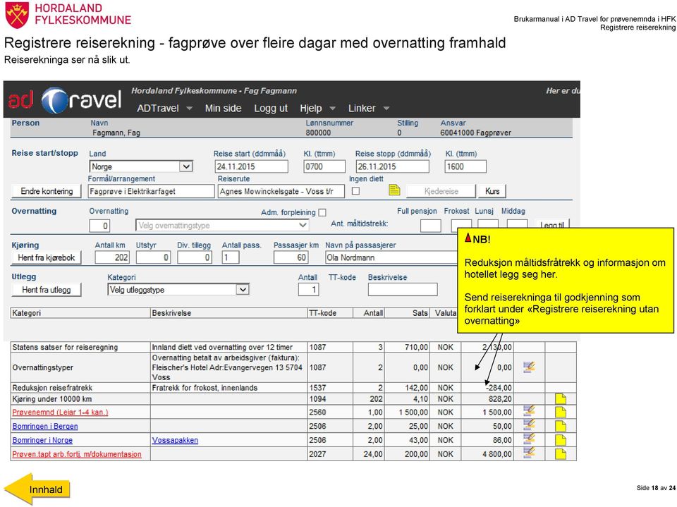 Registrere reiserekning Reduksjon måltidsfråtrekk og informasjon om hotellet