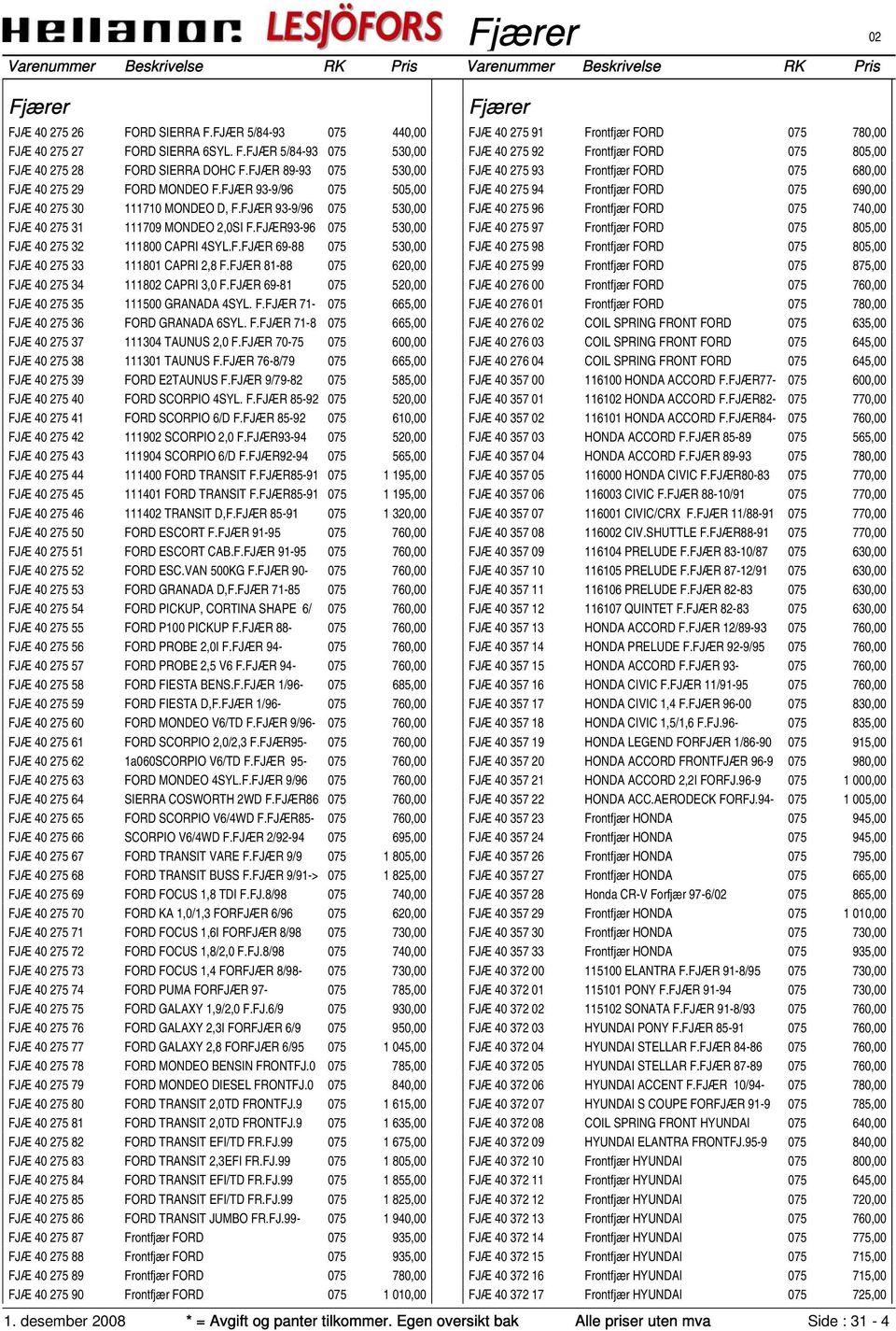 FJÆR 81-88 075 620,00 FJÆ 40 275 34 1118 CAPRI 3,0 F.FJÆR 69-81 075 520,00 FJÆ 40 275 35 111500 GRANADA 4SYL. F.FJÆR 71-075 665,00 FJÆ 40 275 36 FORD GRANADA 6SYL. F.FJÆR 71-8 075 665,00 FJÆ 40 275 37 111304 TAUNUS 2,0 F.