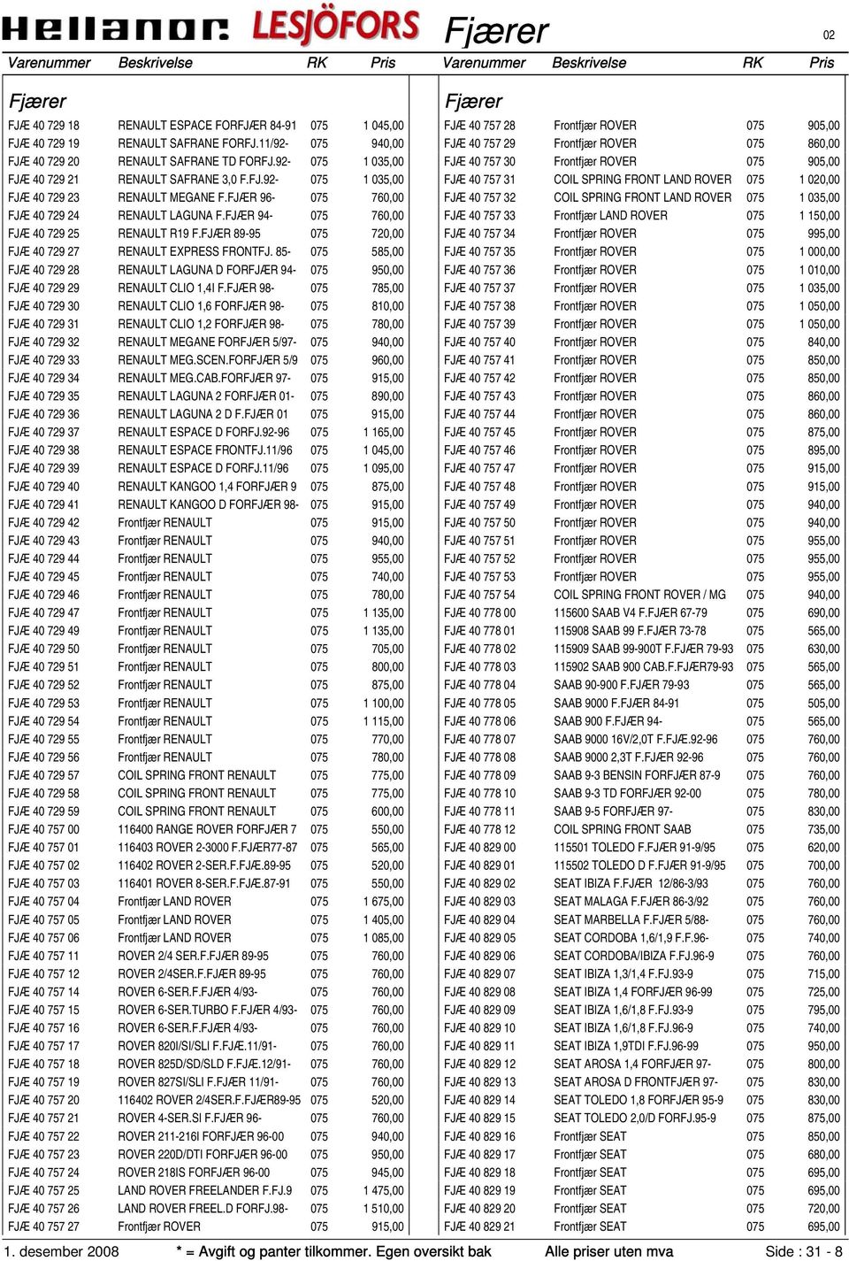 FJÆR 89-95 075 720,00 FJÆ 40 729 27 RENAULT EXPRESS FRONTFJ. 85-075 585,00 FJÆ 40 729 28 RENAULT LAGUNA D FORFJÆR 94-075 950,00 FJÆ 40 729 29 RENAULT CLIO 1,4I F.