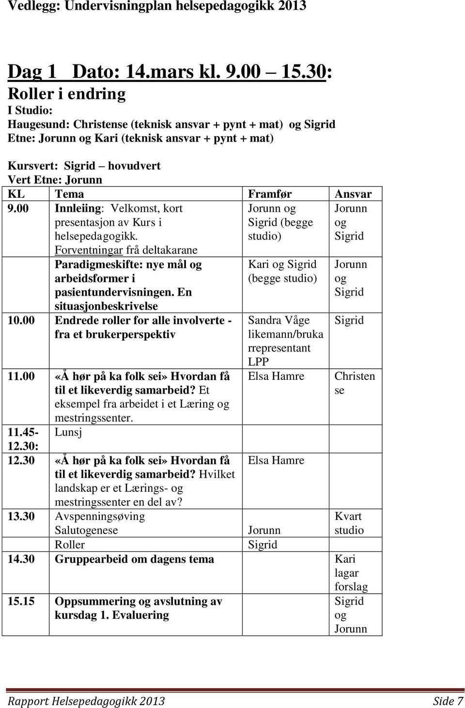 00 Innleiing: Velkomst, kort presentasjon av Kurs i helsepedagogikk. Forventningar frå deltakarane Paradigmeskifte: nye mål og arbeidsformer i pasientundervisningen. En situasjonbeskrivelse 10.