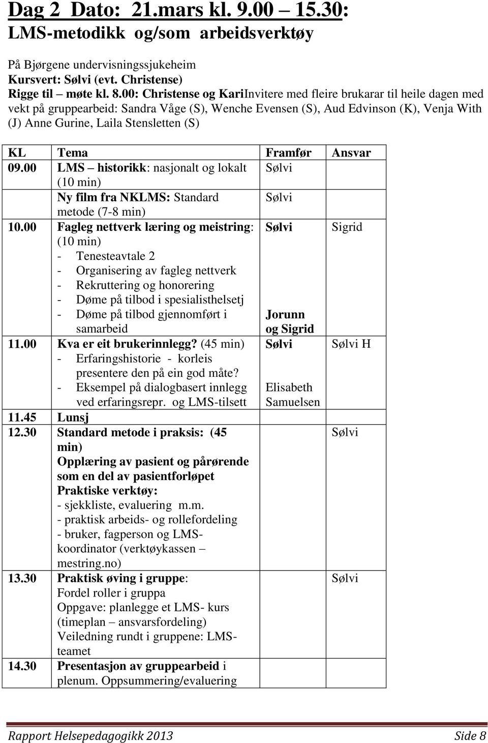 Tema Framfør Ansvar 09.00 LMS historikk: nasjonalt og lokalt Sølvi (10 min) Ny film fra NKLMS: Standard Sølvi metode (7-8 min) 10.