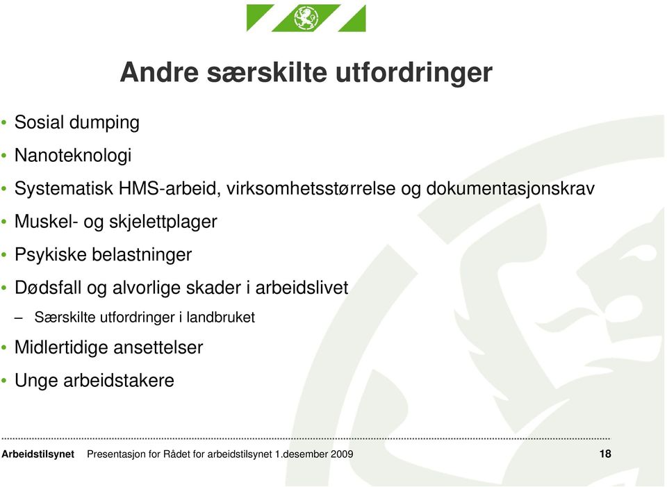 belastninger Dødsfall og alvorlige skader i arbeidslivet Særskilte utfordringer i