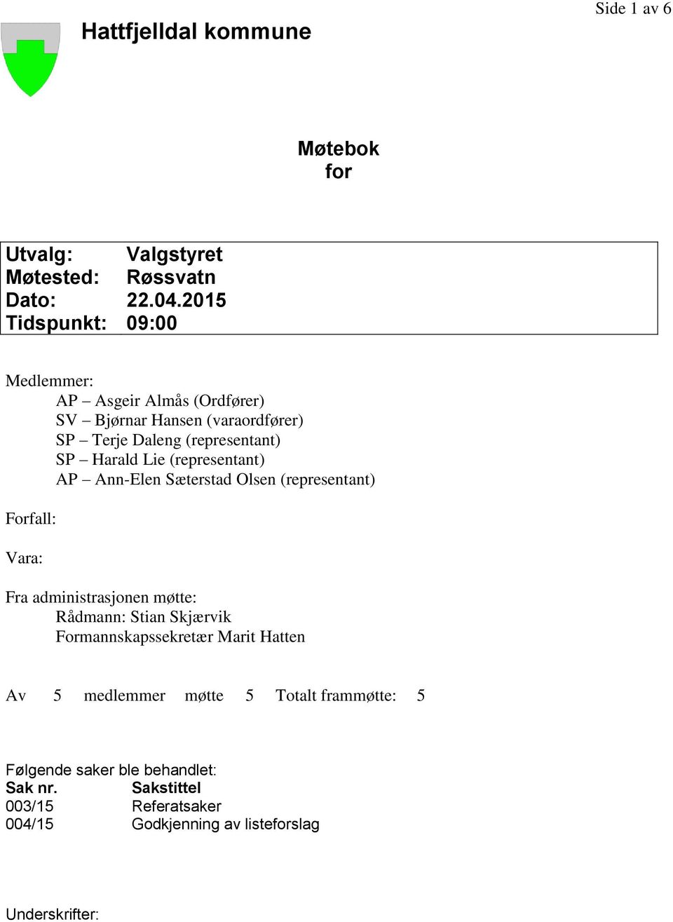 Lie (representant) AP Ann-Elen Sæterstad Olsen (representant) Forfall: Vara: Fra administrasjonen møtte: Rådmann: Stian Skjærvik