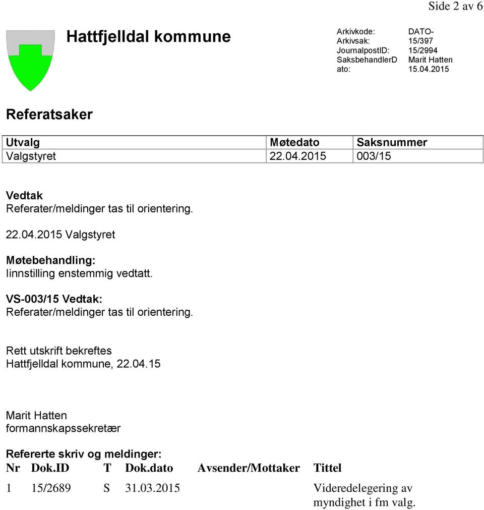 VS-003/15 Vedtak: Referater/meldinger tas til orientering. Rett utskrift bekreftes Hattfjelldal kommune, 22.04.