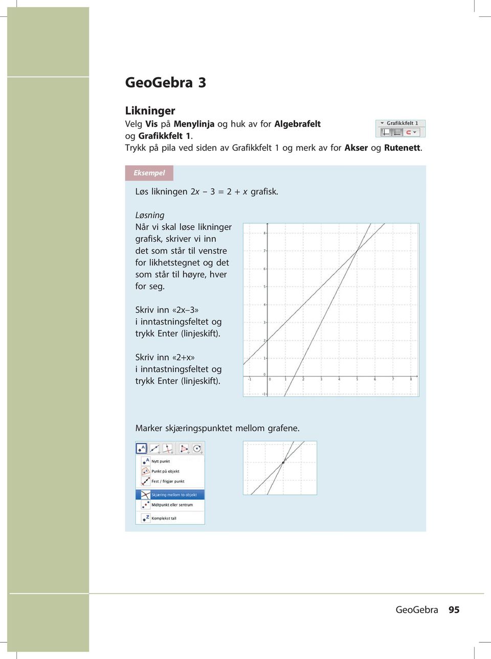 Løsning Når vi skal løse likninger grafisk, skriver vi inn det som står til venstre for likhetstegnet og det som står til høyre, hver