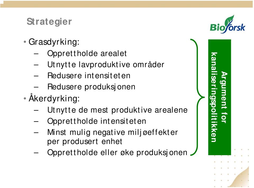 produktive arealene Opprettholde intensiteten Minst mulig negative miljøeffekter