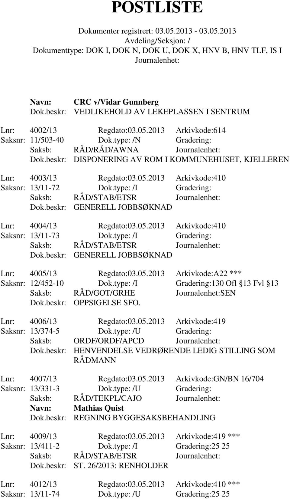 type: /I Gradering: Dok.beskr: GENERELL JOBBSØKNAD Lnr: 4005/13 Regdato:03.05.2013 Arkivkode:A22 *** Saksnr: 12/452-10 Dok.type: /I Gradering:130 Ofl 13 Fvl 13 Saksb: RÅD/GOT/GRHE SEN Dok.