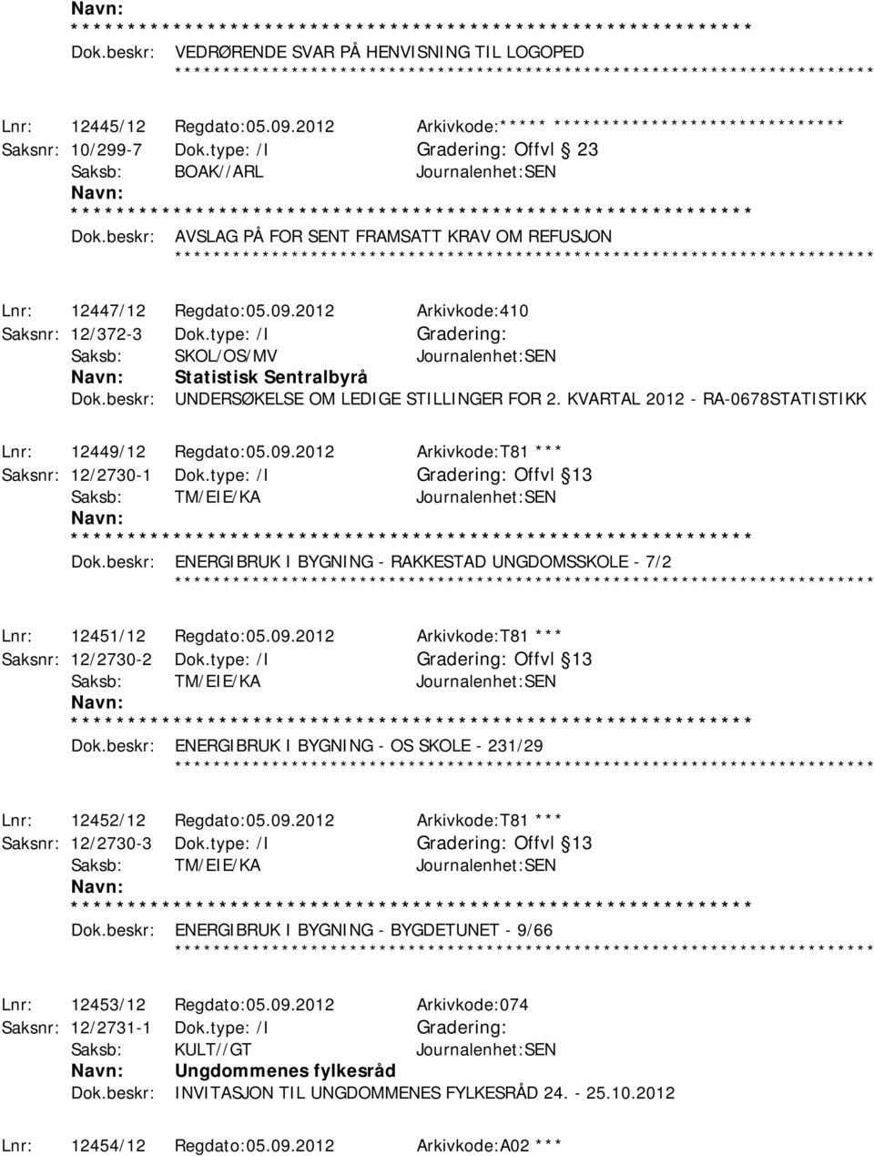 type: /I Saksb: SKOL/OS/MV Journalenhet:SEN Statistisk Sentralbyrå Dok.beskr: UNDERSØKELSE OM LEDIGE STILLINGER FOR 2. KVARTAL 2012 - RA-0678STATISTIKK Lnr: 12449/12 Regdato:05.09.