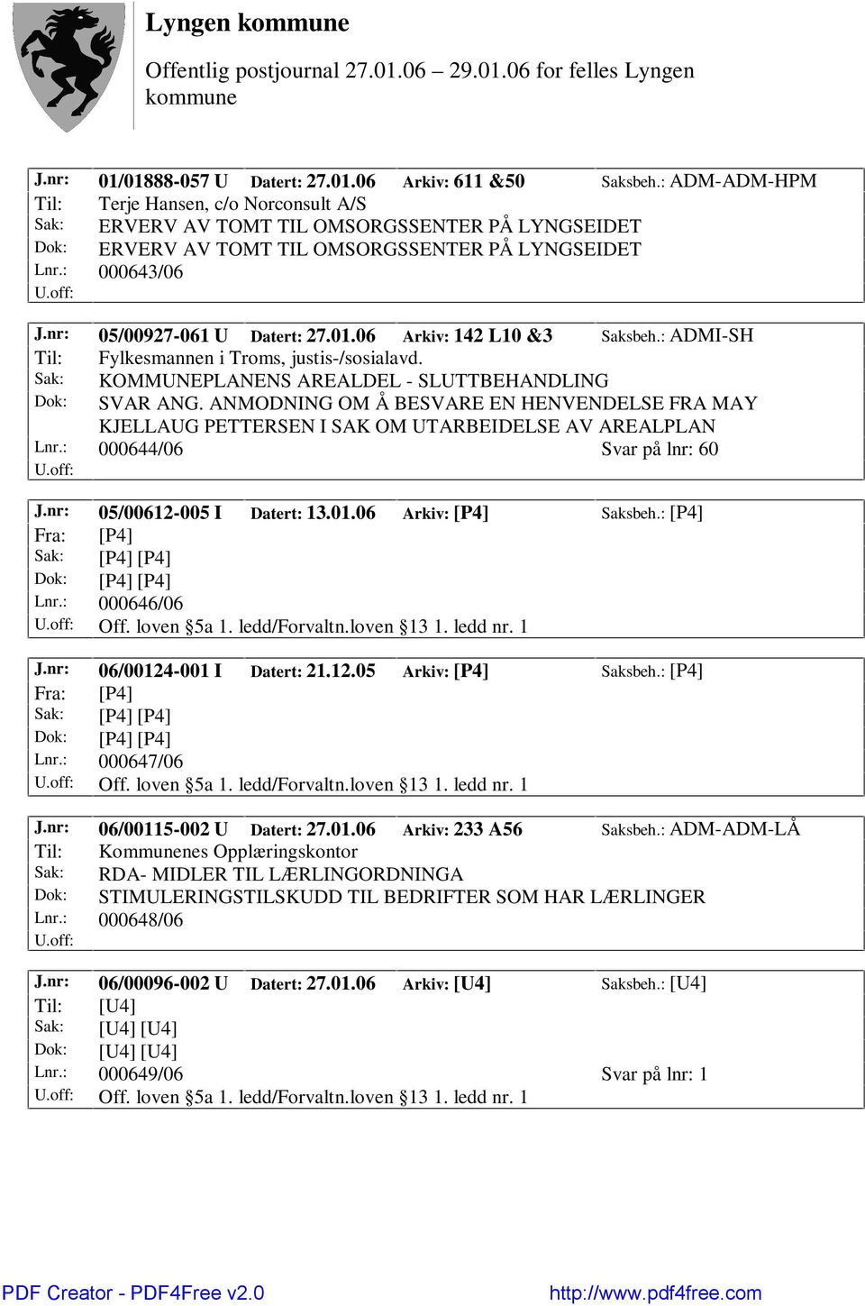 nr: 05/00927-061 U Datert: 27.01.06 Arkiv: 142 L10 &3 Saksbeh.: ADMI-SH Til: Fylkesmannen i Troms, justis-/sosialavd. Sak: KOMMUNEPLANENS AREALDEL - SLUTTBEHANDLING Dok: SVAR ANG.