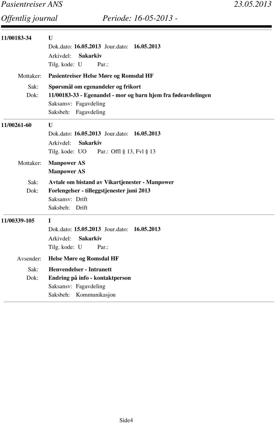 : Offl 13, Fvl 13 Manpower AS Manpower AS Avtale om bistand av Vikartjenester - Manpower Forlengelser - tilleggstjenester