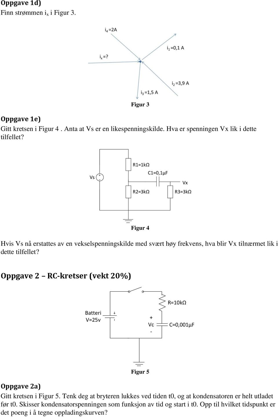 Oppgave 2 RC-kretser (vekt 20%) Batteri V=25v + Vc - R=10kΩ C=0,001μF Figur 5 Oppgave 2a) Gitt kretsen i Figur 5.