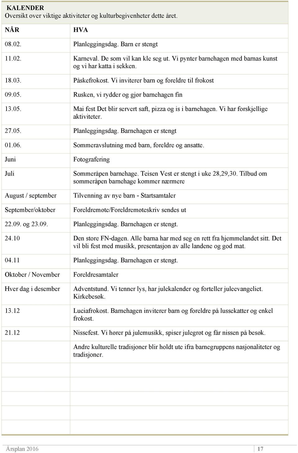 Vi har forskjellige aktiviteter. 27.05. Planleggingsdag. Barnehagen er stengt 01.06. Sommeravslutning med barn, foreldre og ansatte. Juni Fotografering Juli Sommeråpen barnehage.