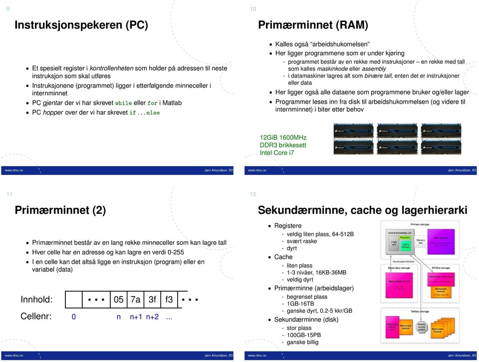 .. else Kalles også arbeidshukomelsen Her ligger programmene som er under kjøring - programmet består av en rekke med instruksjoner en rekke med tall som kalles maskinkode eller assembly - i