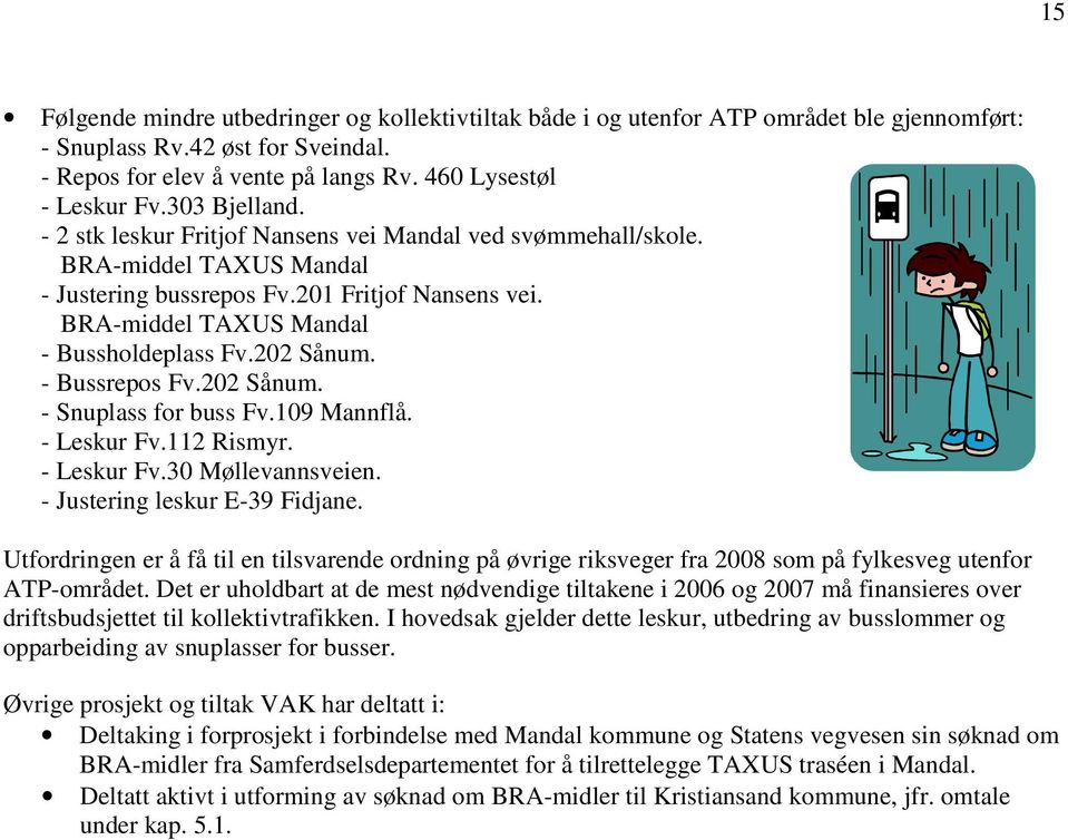 202 Sånum. - Bussrepos Fv.202 Sånum. - Snuplass for buss Fv.109 Mannflå. - Leskur Fv.112 Rismyr. - Leskur Fv.30 Møllevannsveien. - Justering leskur E-39 Fidjane.