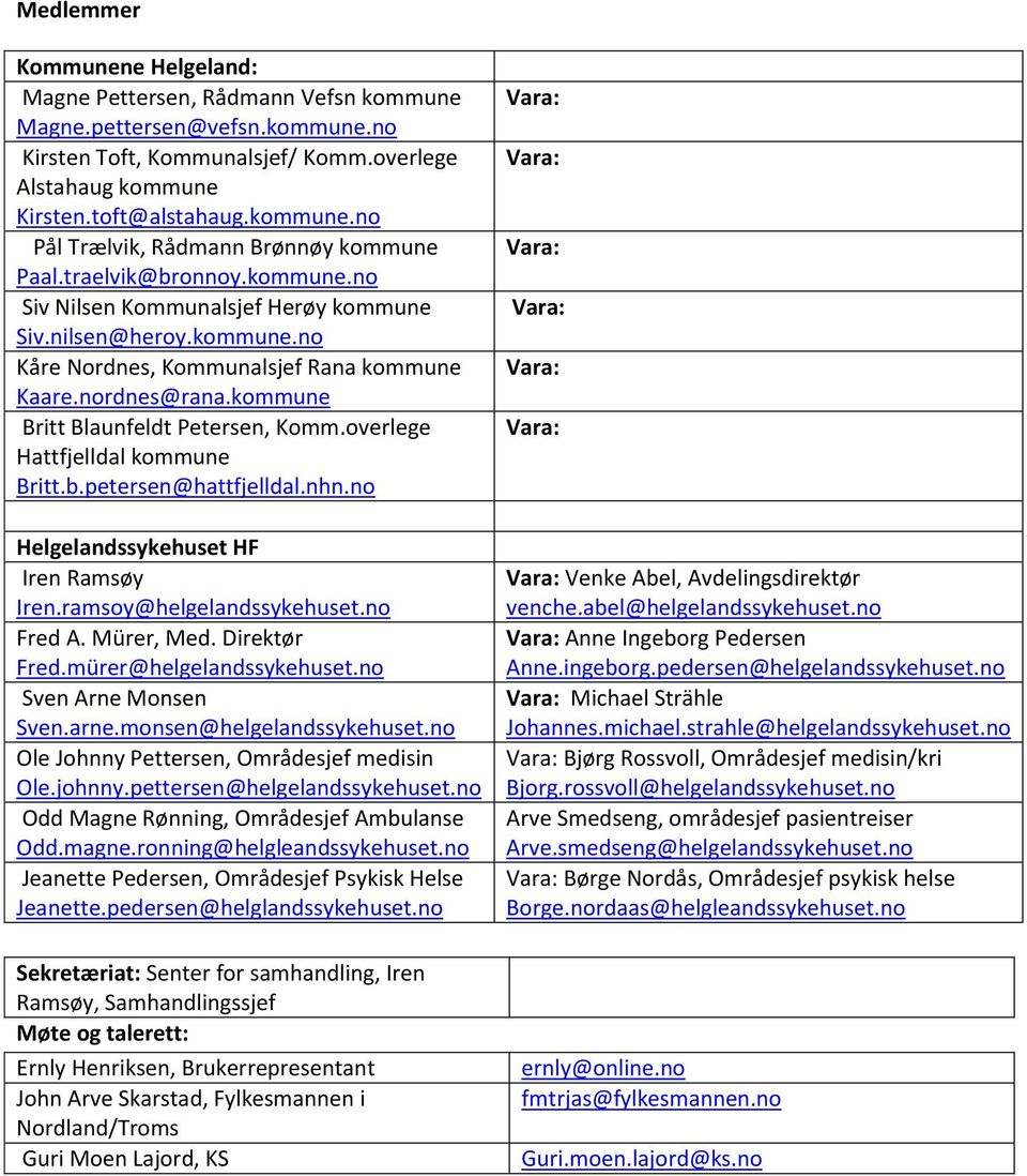 overlege Hattfjelldal kommune Britt.b.petersen@hattfjelldal.nhn.no Helgelandssykehuset HF Iren Ramsøy Iren.ramsoy@helgelandssykehuset.no Fred A. Mürer, Med. Direktør Fred.mürer@helgelandssykehuset.